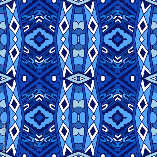 Decor tile texture print mosaic oriental pattern with blue ornament arabesque. Geometric blue and white ceramic design