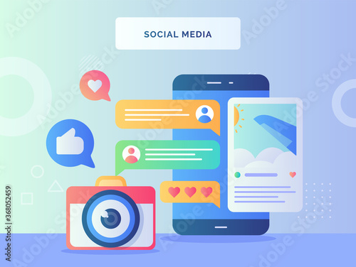 Social media concept camera window plane picture in front smart phone background of feedback comment like with flat style.