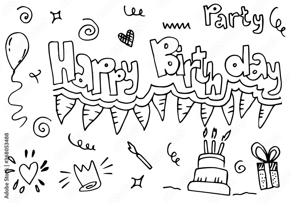 Doodle Birthday party background. Beautiful greeting card poster with calligraphy black text, Hand drawn, design elements, Handwritten modern brush lettering ona white background isolated vector.