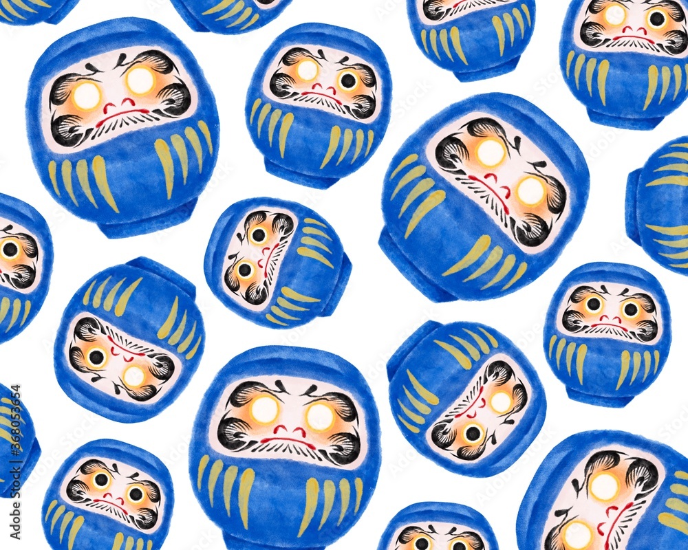 Fototapeta premium いろいろな青のだるま 水彩風イラスト