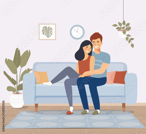 Young woman and man  sitting on sofa  in the living room. Vector flat style illustration