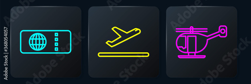 Set line Airline ticket, Helicopter and Plane takeoff. Black square button. Vector.