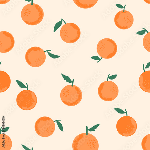 Seamless of oranges on pastel peach background vector. Cute hand drawn fruit pattern.