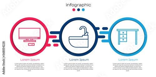 Set line Smart Tv, Washbasin with water tap and Office desk. Business infographic template. Vector.