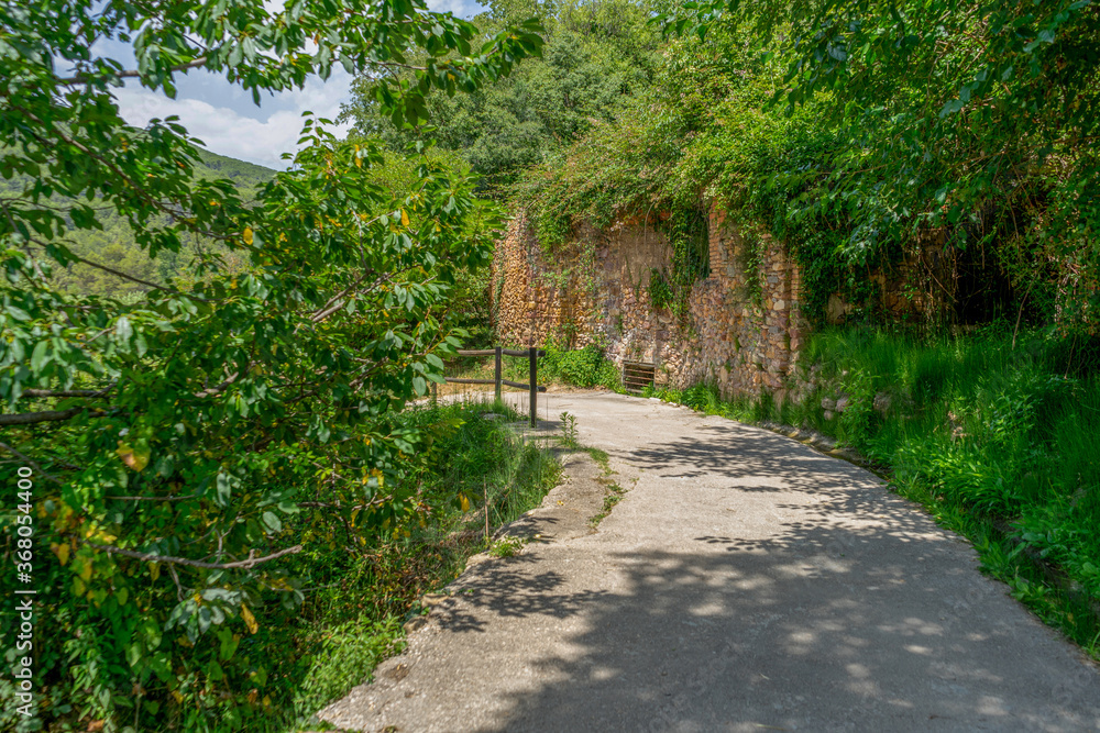 View of a nice country road with a stone wall, a wooden railing and lots of greenery