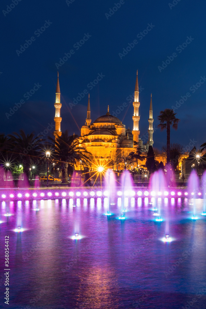 The Blue Mosque at Sultanahmet square in the evening, Istanbul, Turkey. Blue Mosque is the biggest mosque in Istanbul.