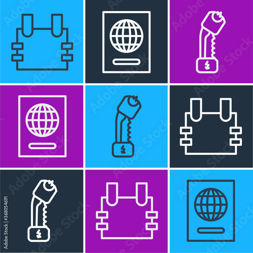 Set line Bulletproof vest, Police electric shocker and Passport icon. Vector.