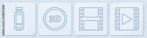 Set line USB flash drive, Play Video, 3D word and Play Video. White square button. Vector.