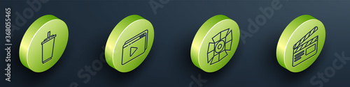 Set Isometric Paper glass with water, Online play video, Movie spotlight and Movie clapper icon. Vector.