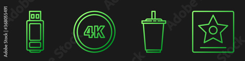 Set line Paper glass with water, USB flash drive, 4k Ultra HD and Hollywood walk of fame star. Gradient color icons. Vector.