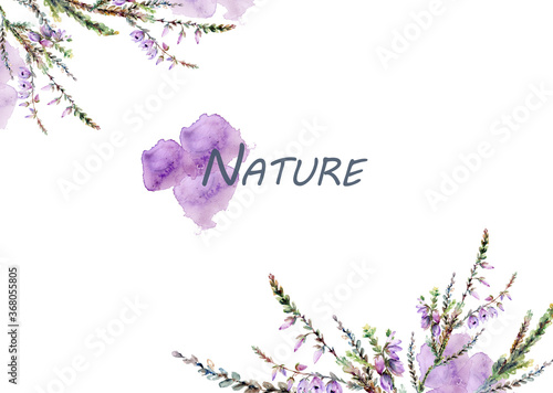 Asymmetrical watercolor frame with delicate blooming wild heather and purple blobs of watercolor 