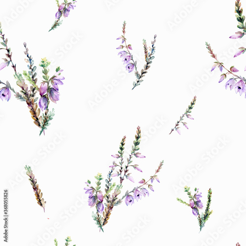 Watercolor seamless pattern of blooming heather and green twigs