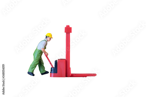 Miniature worker people with lifting tools isolated with clipping paht on white background. Elegant Design with copy space for placement your text, mock up for industrial and logistic concept photo