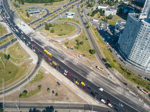 Aerial drone view. Repair of the intersection of roads in Kiev.