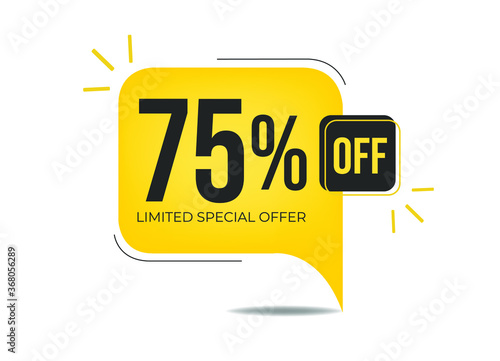 75% off limited special offer. Banner with seventy-five percent discount on a yellow square balloon.