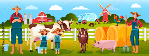 Family farm illustration with mother, father, kids, hay, cow, pig, calf, cow. Country rural landscape with happy family working at farm. Village background with young cheerful people, mill, cock, barn