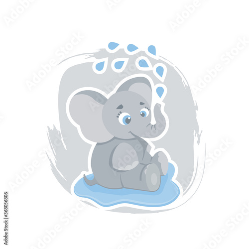 Cute cartoon elephant sitting in a puddle and washing  can be used as a print on children s clothing  vector eps 10 illustration