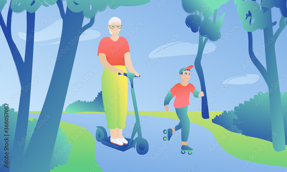 Stylish grandmother on electric scooter rides through the park with her grandson on roller skates. Granny and her grandson go in for sports outdoors. The concept of an active lifestyle.