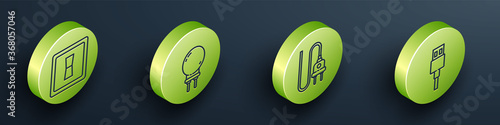 Set Isometric Electric light switch, Light emitting diode, Electric plug and USB cable cord icon. Vector.
