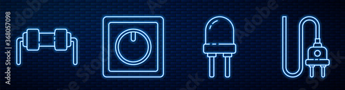 Set line Light emitting diode, Resistor electricity, Electric light switch and Electric plug. Glowing neon icon on brick wall. Vector.