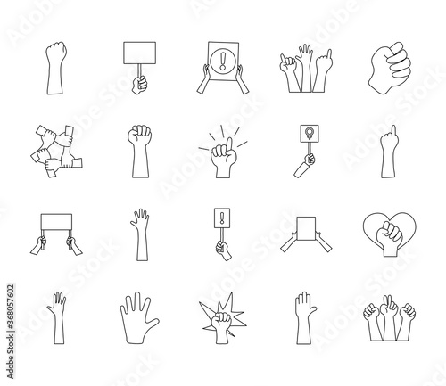 icon set of protesting and heart, line style