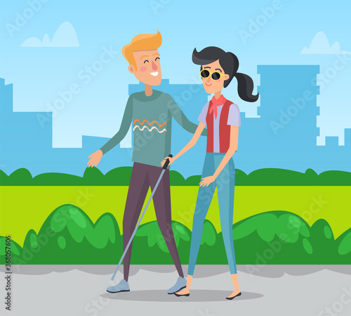 Man walking with blind woman vector, volunteer helping female character. Park in city, cityscape with skyscrapers and bushes greenery lawns flat style