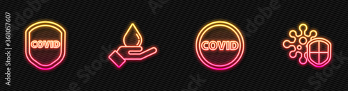 Set line Corona virus covid-19, Shield protecting from, Washing hands with soap and . Glowing neon icon. Vector.