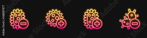 Set line Positive virus, Negative, and . Glowing neon icon. Vector Illustration.