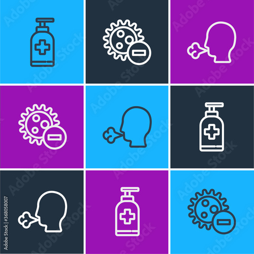 Set line Bottle of liquid antibacterial soap, Man coughing and Negative virus icon. Vector.