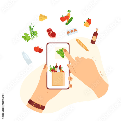 Concept of online shopping products through an app in a smartphone. Fast delivery from supermarket grocery bag with meat, milk, cheese, eggs, vegetables, fruits and green. Cartoon vector illustration