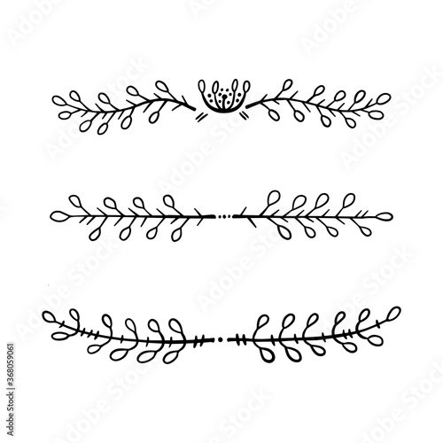 A set of delimiter lines for text decoration. Design elements in doodle style. Natural style, branches, plants.