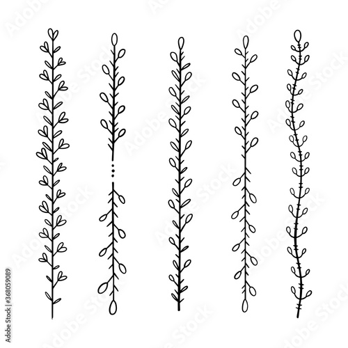A set of delimiter lines for text decoration. Design elements in doodle style. Natural style, branches, plants.