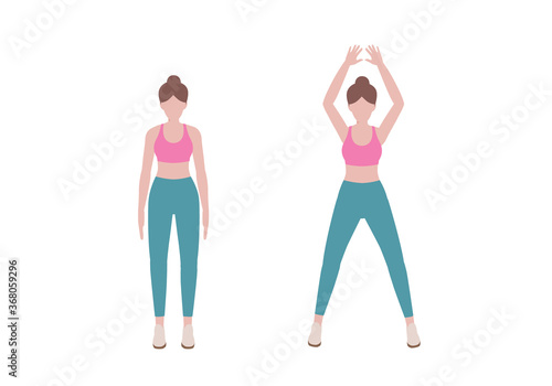 Woman doing exercises.  Step by step instruction for doing Jumping Jack will strength training Therefore with them bones are strengthened. Isolated vector illustration in cartoon style