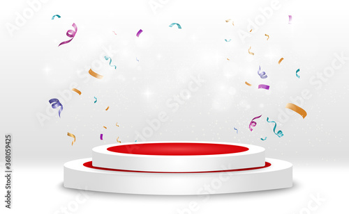 Winner background with signs of first, second and third place on a round pedestal. Vector winner podium sports symbols.