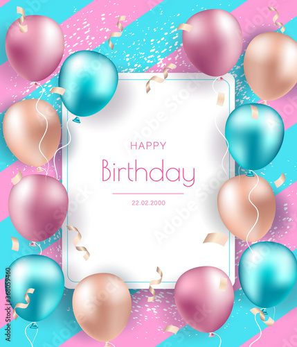 Birthday banner with realistic balloons. Celebration birthday party invitation background with greetings and colorful balloons and birthday elements