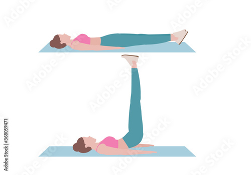 Young woman doing exercises. woman in pink shirt and a blue Long legs. Step by step instruction for doing Double Leg Raise. Isolated vector illustration in cartoon style. Fitness and health concepts.