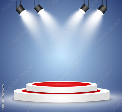 Winner background with signs of first, second and third place on a round pedestal. Vector winner podium sports symbols.