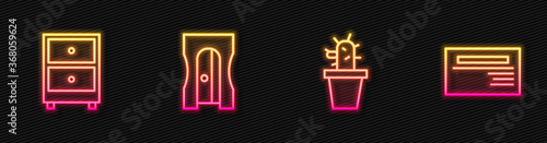 Set line Cactus and succulent in pot, Drawer with documents, Pencil sharpener and Business card. Glowing neon icon. Vector.