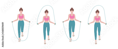 Woman doing exercises.  Step by step instruction for doing Skipping rope is as efficient as exercises like running and cycling.  Isolated vector illustration in cartoon