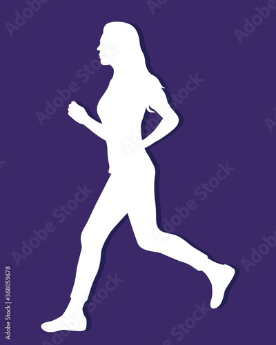 Silhouette of a running girl isolated on a purple background. Sports and healthy lifestyle. Paper cut effect