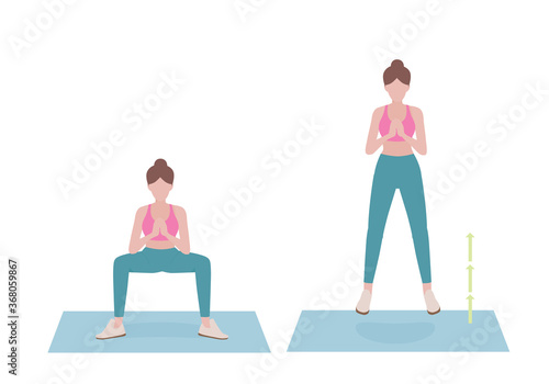 Woman doing exercises.  Step by step instruction for doing Squat Jumps. It’s efficient at making your glutes, legs, and lungs burn after just a few reps. Isolated vector illustration in cartoon style.