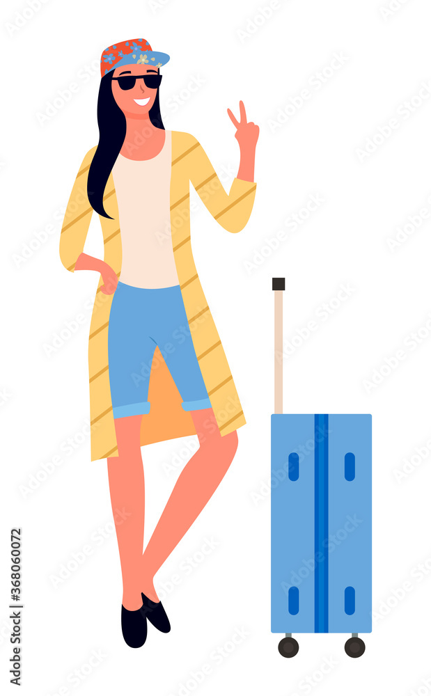 Woman traveler with suitcase on wheels, showing peace sign vector. Baggage or luggage, girl in glasses and cap, summer vacation or holidays, traveling Woman traveler with suitcase on wheels, showing peace sign vector. Baggage or luggage, girl in glasses and cap, summer vacation or holidays, traveling