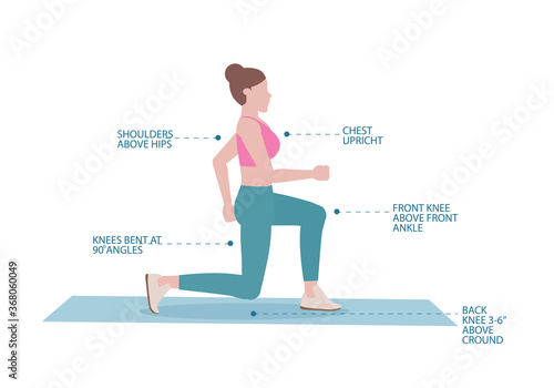 Woman doing exercises.  Muscles worked for doing Reverse Lunge which will help you create strong legs and protect your low back. Isolated vector illustration in cartoon style