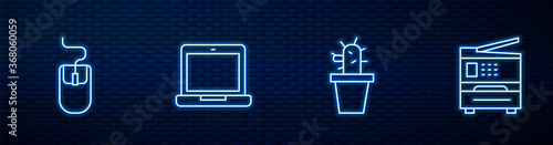 Set line Cactus and succulent in pot, Computer mouse, Laptop and Printer. Glowing neon icon on brick wall. Vector.