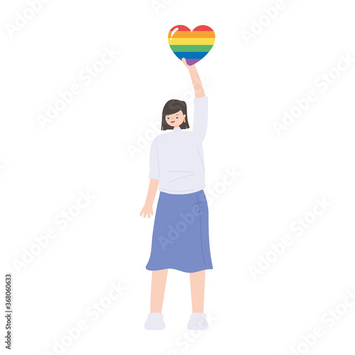 lgbtq community pride, young woman rainbow heart in hand cartoon isolated icon design
