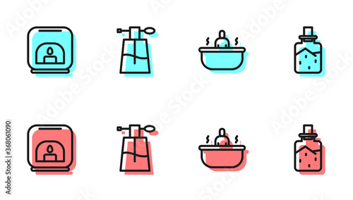 Set line Bathtub, Aroma lamp, Perfume and Spa salt icon. Vector.