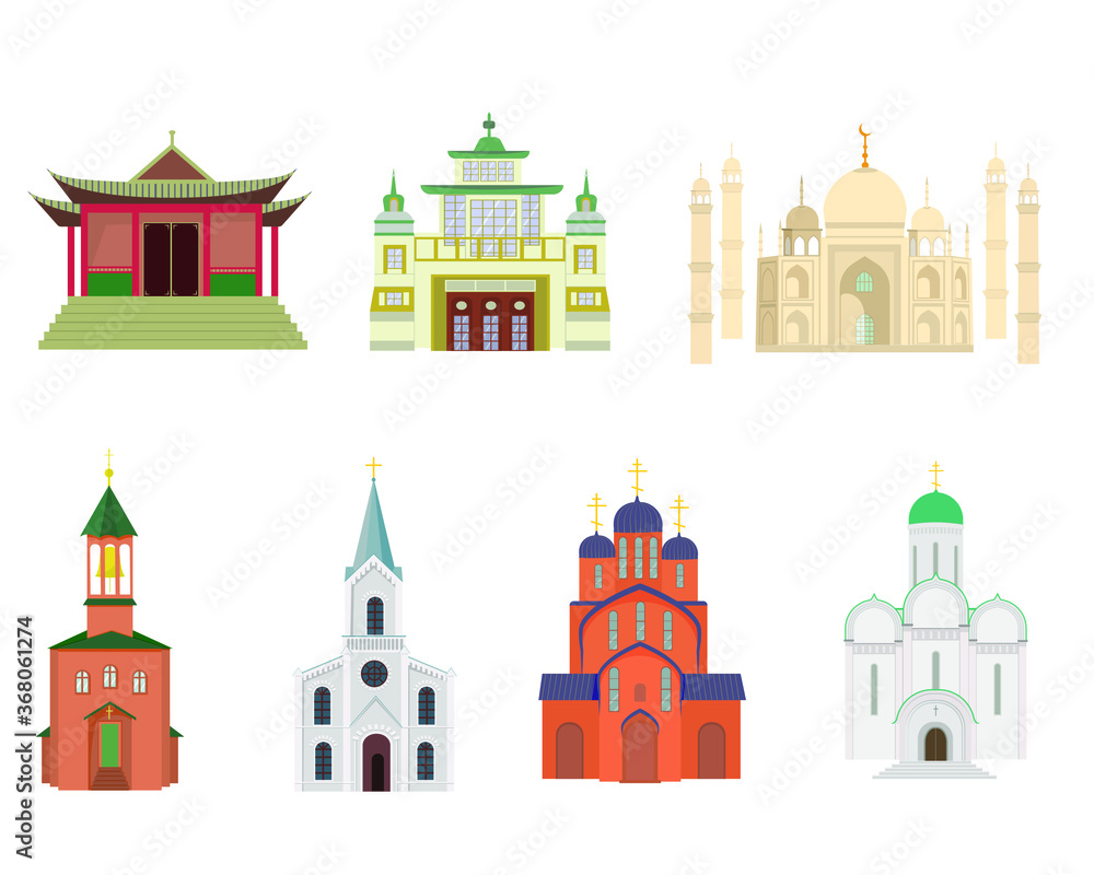 A set of temples of different religions. Isolated vector image on a white background. Clipart. Christian, Orthodox, Buddhist temple, mosque.