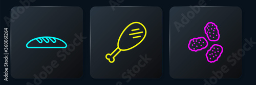 Set line Bread loaf, Chicken nuggets and leg. Black square button. Vector.