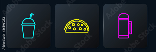 Set line Milkshake, Thermos container and Taco with tortilla. Black square button. Vector.