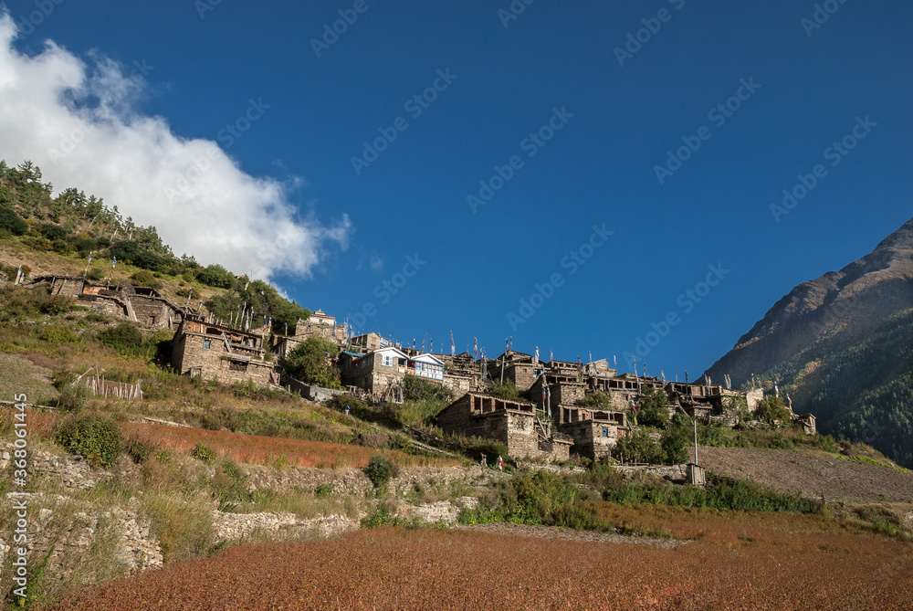 View of Upper Pisang village, Around Annapurna trek, Manang district, Gandaki zone, Nepal Himalaya, Nepal.